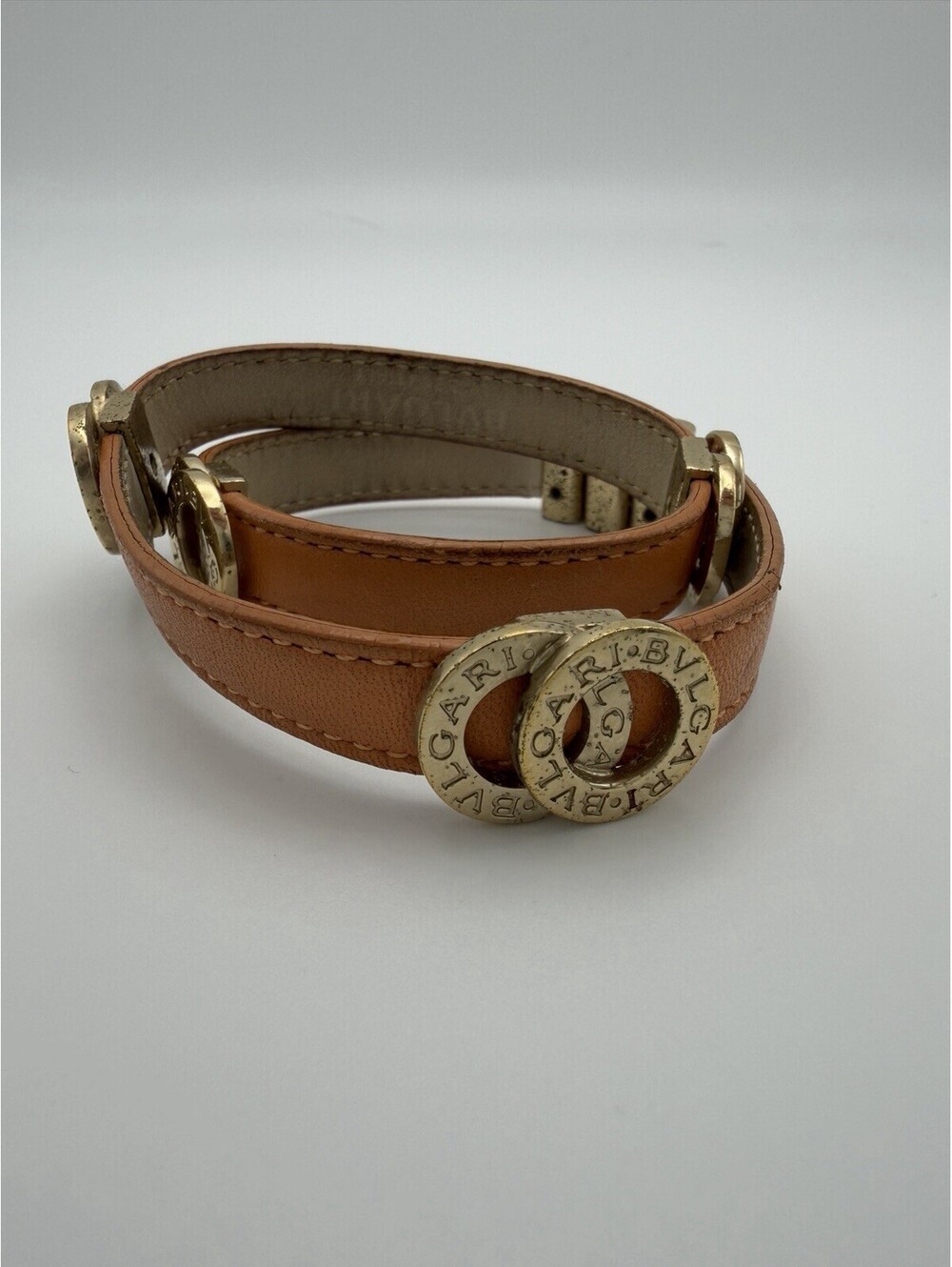 Authentic Bvlgari Double Coil Bracelet Women Doppiotondo Leather Gold Hardware